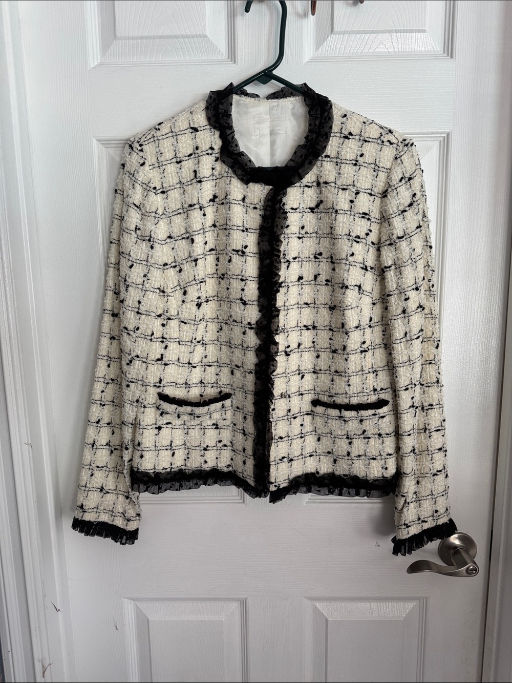 Women's Cream Tweed Jacket with Black Trim